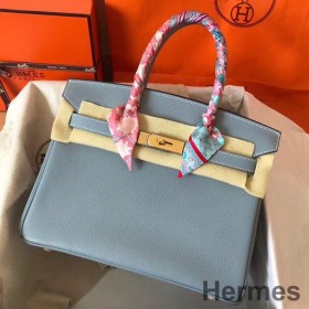 Hermes Birkin 30 Handmade Bag In Blue Lin Clemence Leather