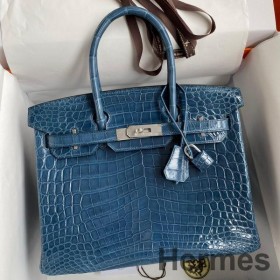 Hermes Birkin 30 Handmade Bag In Blue Tempete Crocodile Niloticus Shiny Skin