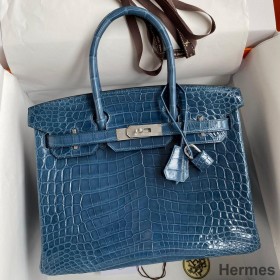 Hermes Birkin 30 Handmade Bag In Blue Tempete Crocodile Niloticus Shiny Skin