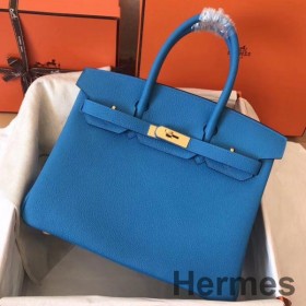 Hermes Birkin 30 Handmade Bag In Blue Zanzibar Clemence Leather