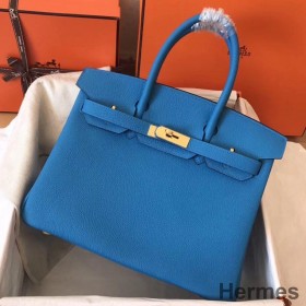 Hermes Birkin 30 Handmade Bag In Blue Zanzibar Clemence Leather