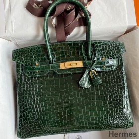 Hermes Birkin 30 Handmade Bag In Green Crocodile Porosus Shiny Skin