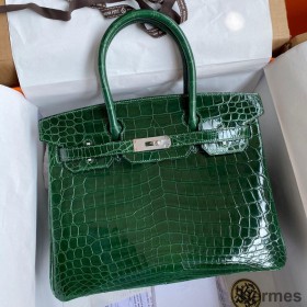 Hermes Birkin 30 Handmade Bag In Malachite Crocodile Niloticus Shiny Skin