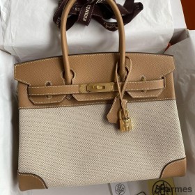 Hermes Birkin 30 Handmade Bag In Toile & Chai Epsom Leather
