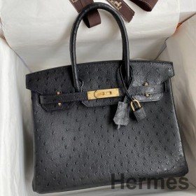 Hermes Birkin 30 Retourne Handmade Bag In Black Ostrich Leather