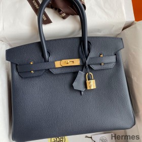 Hermes Birkin 30 Retourne Handmade Bag In Blue Nuit Epsom Calfskin