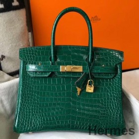 Hermes Birkin 30cm Bag In Green Embossed Crocodile Leather