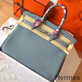 Hermes Birkin 35 Handmade Bag In Blue Lin Clemence Leather