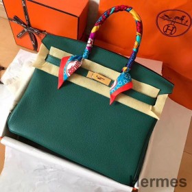 Hermes Birkin 35 Handmade Bag In Malachite Clemence Leather