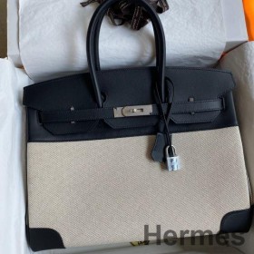 Hermes Birkin 35 Handmade Bag In Toile & Black Swift Leather