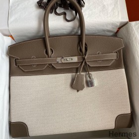 Hermes Birkin 35 Handmade Bag In Toile & Taupe Clemence Leather