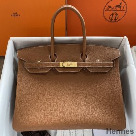 Hermes Birkin 35 Retourne Handmade Bag In Gold Clemence Leather