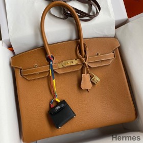 Hermes Birkin 35 Retourne Handmade Bag In Gold Epsom Calfskin