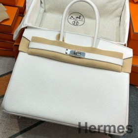 Hermes Birkin 35 Retourne Handmade Bag In White Clemence Leather