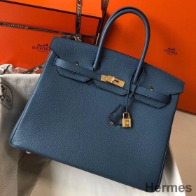 Hermes Birkin 35cm Bag In Blue Agate Clemence Leather GHW
