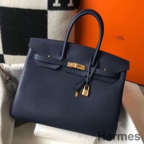 Hermes Birkin 35cm Bag In Dark Blue Clemence Leather GHW