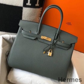 Hermes Birkin 35cm Bag In Vert Amande Clemence Leather GHW