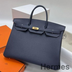 Hermes Birkin 40 Retourne Handmade Bag In Blue Nuit Clemence Leather