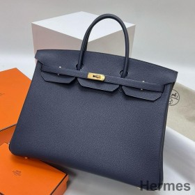 Hermes Birkin 40 Retourne Handmade Bag In Blue Nuit Clemence Leather