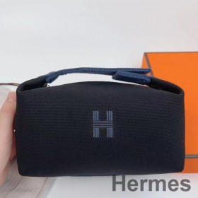 Hermes Bride - a - Brac Large Case in Black Canvas with Zigzag Motifs