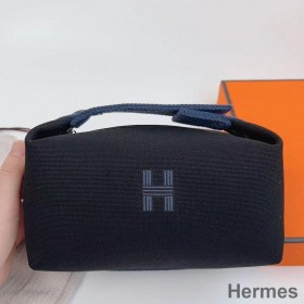 Hermes Bride - a - Brac Large Case in Black Canvas with Zigzag Motifs
