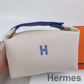 Hermes Bride - a - Brac Large Case in Ecru Canvas with Blue Zigzag Motifs
