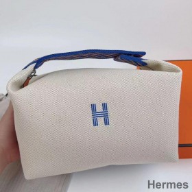 Hermes Bride - a - Brac Large Case in Ecru Canvas with Blue Zigzag Motifs