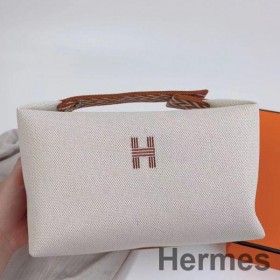 Hermes Bride - a - Brac Large Case in Ecru Canvas with Brown Zigzag Motifs