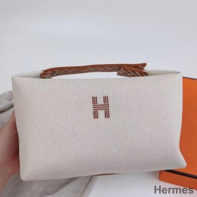 Hermes Bride - a - Brac Large Case in Ecru Canvas with Brown Zigzag Motifs