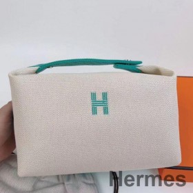 Hermes Bride - a - Brac Large Case in Ecru Canvas with Green Zigzag Motifs