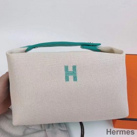 Hermes Bride - a - Brac Large Case in Ecru Canvas with Green Zigzag Motifs