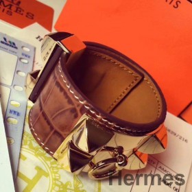 Hermes Brown Crocodile Collier de Chien Bracelet Size S