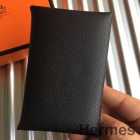 Hermes Calvi Card Holder In Black Epsom Leather