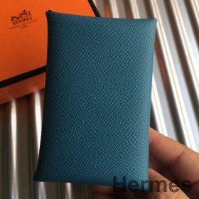 Hermes Calvi Card Holder In Blue Jean Epsom Leather