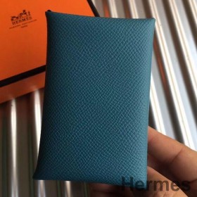 Hermes Calvi Card Holder In Blue Jean Epsom Leather