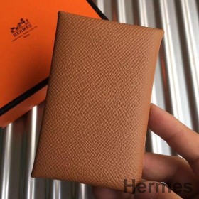 Hermes Calvi Card Holder In Gold Epsom Leather