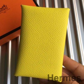 Hermes Calvi Card Holder In Yellow Epsom Leather