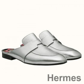 Hermes Catena Mules In Silver Metallic Calfskin