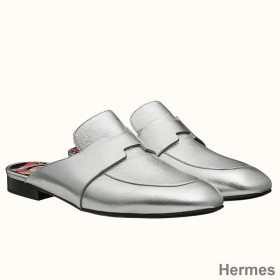 Hermes Catena Mules In Silver Metallic Calfskin