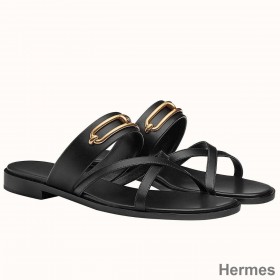Hermes Claire Sandals In Black Calfskin