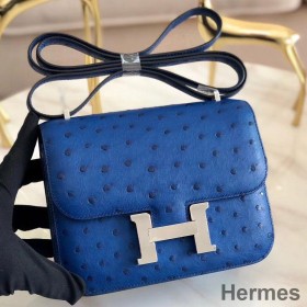 Hermes Constance 18 Handmade Bag In Blue Ostrich Leather