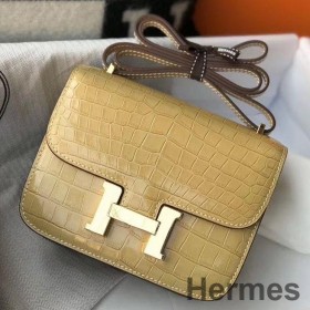 Hermes Constance 18 Handmade Bag In Jaune Poussin Embossed Crocodile