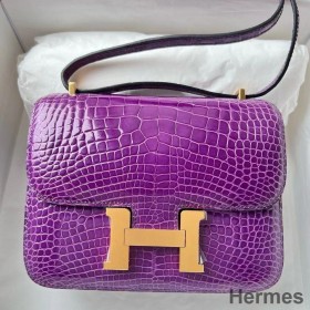 Hermes Constance 18 Handmade Bag In Purple Shiny Alligator Leather