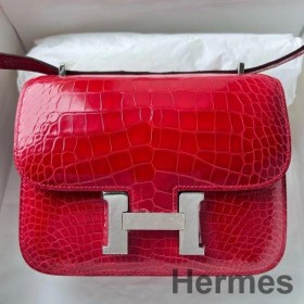 Hermes Constance 18 Handmade Bag In Red Shiny Alligator Leather