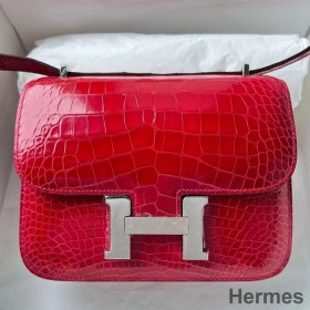 Hermes Constance 18 Handmade Bag In Red Shiny Alligator Leather