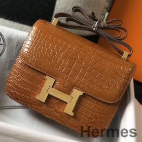 Hermes Constance 24cm Bag In Brown Embossed Crocodile