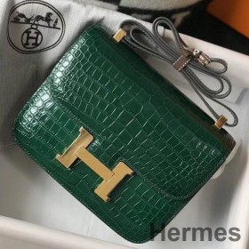 Hermes Constance 24cm Bag In Green Embossed Crocodile