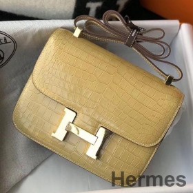 Hermes Constance 24cm Bag In Jaune Poussin Embossed Crocodile