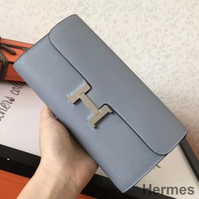 Hermes Constance Long Wallet In Blue Lin Epsom Leather