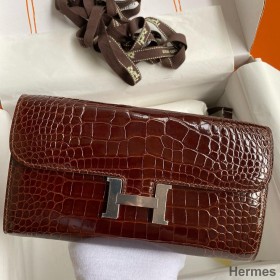 Hermes Constance To Go Wallet in Dark Brown Shiny Alligator Leather
